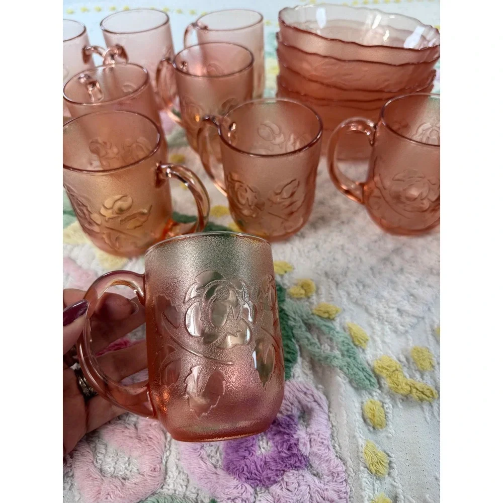 Arcoroc France Rosaline Pink Glass Set  12 Mugs 11 Bowls Rose Floral‎ Vintage
